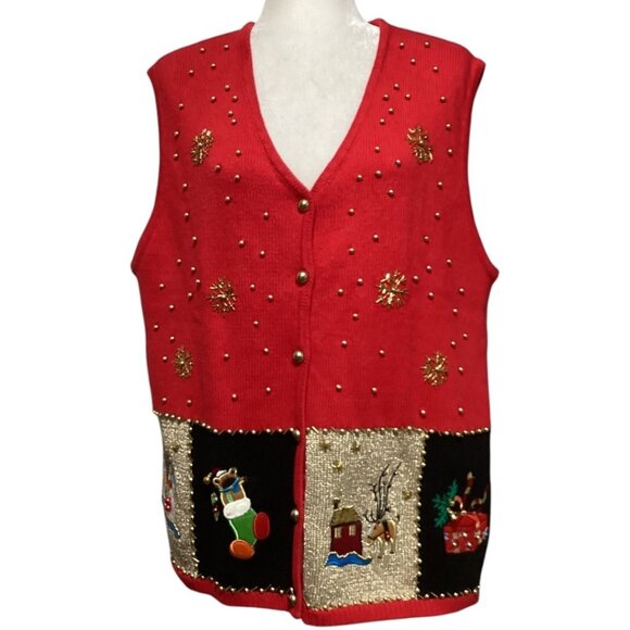 Vintage Red‎ knit Christmas Embellished Holiday Sweater Vest Cardigan Size 2X - Picture 1 of 5